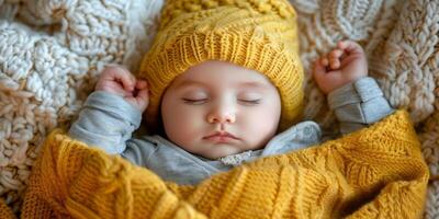 ai generado bebé vistiendo amarillo sombrero dormido en cobija foto