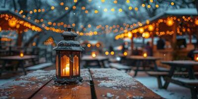 AI generated Lantern on Wooden Table in Snow photo