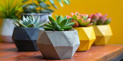 AI generated Group of Three Cement Planters on Wooden Table photo