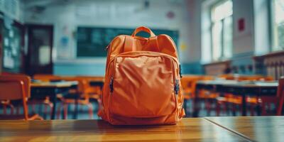 AI generated Backpack on Table in Classroom photo