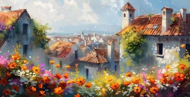 AI generated painting of old buildings with flowers and rooftops photo