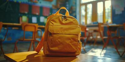 AI generated Yellow Backpack on Wooden Table photo