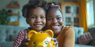 AI generated Two Young Girls Holding a Yellow Piggy Bank photo