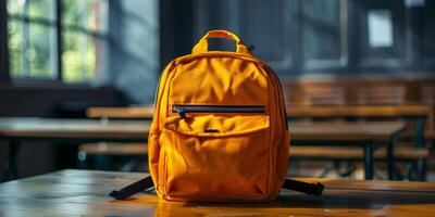 AI generated Yellow Backpack on Wooden Table photo