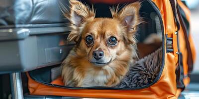 ai generado pequeño perro sentado dentro naranja mochila foto