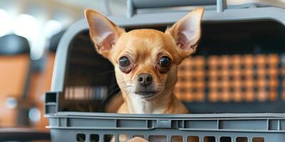 ai generado pequeño perro sentado dentro naranja mochila foto