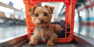 ai generado pequeño marrón perro sentado en parte superior de transportador cinturón foto