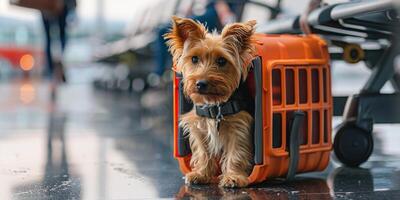 ai generado pequeño marrón perro sentado en equipaje foto