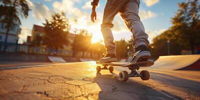 ai generado persona montando patineta abajo ciudad calle foto