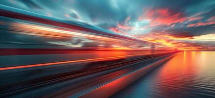 AI generated train moving fast under cloudy sky photo