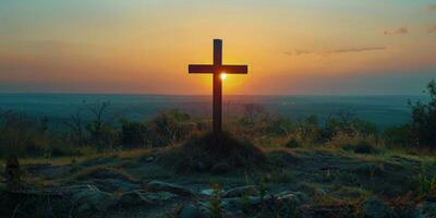 AI generated Cross on Top of a Hill at Sunset photo