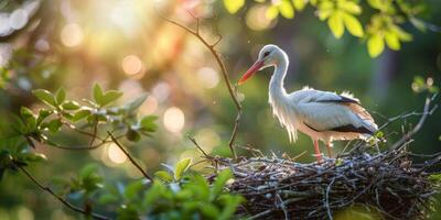 ai generado blanco pájaro en pie en parte superior de nido foto