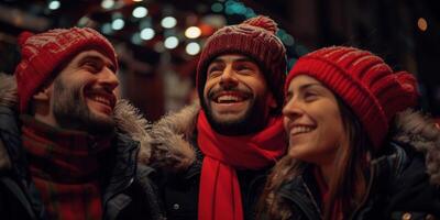 ai generado grupo de personas vistiendo Navidad sombreros canto foto