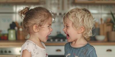 ai generado dos pequeño muchachas en pie juntos foto