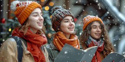 ai generado grupo de personas vistiendo Navidad sombreros canto foto