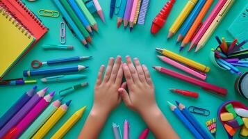 AI generated Childs Hands Surrounded by School Supplies photo