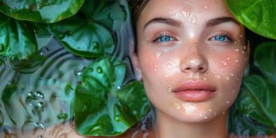 ai generado mujer con azul ojos y agua en cara foto