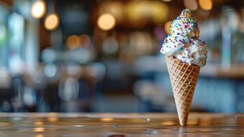 AI generated Ice Cream Cone With Sprinkles on Table photo