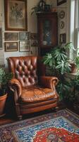 AI generated Living Room With Chair, Rug, Potted Plants, and Grandfather Clock photo