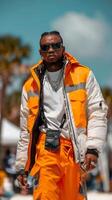 AI generated Man in Orange and White Jacket Walking photo