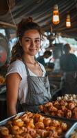 AI generated Woman Standing in Front of Trays of Food photo