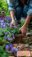 ai generado mujer arrodillado abajo a recoger arriba un en conserva planta foto