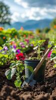 ai generado lozano jardín lleno con suciedad y flores foto