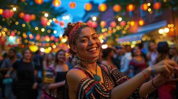 ai generado mujer sonriente y bailando en un concurrido zona foto