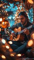 ai generado hombre jugando guitarra en el piso foto