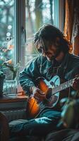 AI generated Man Playing Guitar on Couch photo