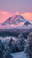 AI generated Snow-covered Mountain Under Pink Sky photo