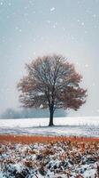 ai generado solitario árbol soportes en Nevado campo foto