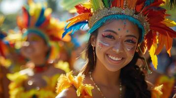 AI generated Woman in Colorful Headdress Smiles at Camera photo