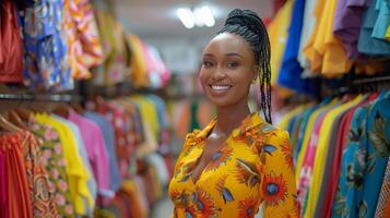 AI generated Woman Standing in Front of Rack of Shirts photo