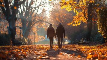 AI generated Two People Walking Down a Leaf Covered Path photo