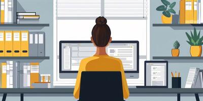 AI generated Woman Sitting at Desk Working on Computer photo