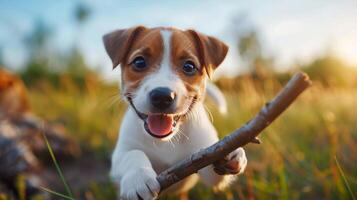 ai generado pequeño marrón y blanco perro participación un palo foto