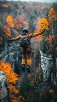 AI generated Man in Yellow Pants and Backpack Jumping off Cliff photo