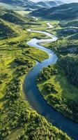 ai generado río fluido mediante lozano verde Valle foto