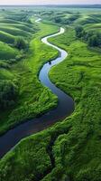 ai generado río fluido mediante lozano verde campo foto