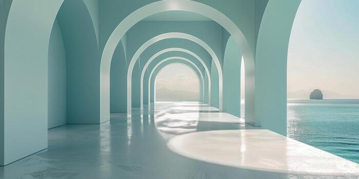 AI generated Long Hallway With Ocean View photo