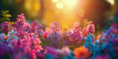 AI generated Colorful Flowers Sprinkled Across Green Grass photo