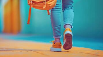 AI generated Person Walking Down Sidewalk With Yellow Backpack photo