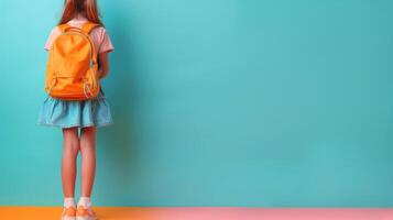 AI generated Little Girl With Backpack Looking at Wall photo