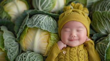 AI generated Baby Sleeping in Bed of Green Leaves photo