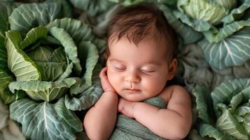AI generated Baby Sleeping in Bed of Green Leaves photo