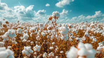 ai generado algodón plantas en campo debajo azul cielo foto