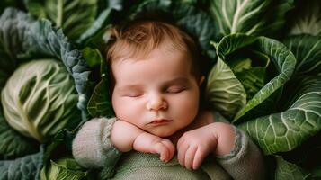 ai generado bebé dormido en pila de verde hojas foto