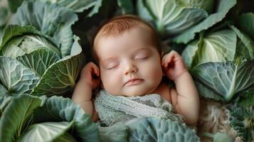 ai generado bebé dormido en pila de verde hojas foto