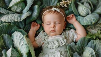 ai generado bebé dormido en cama de verde hojas foto